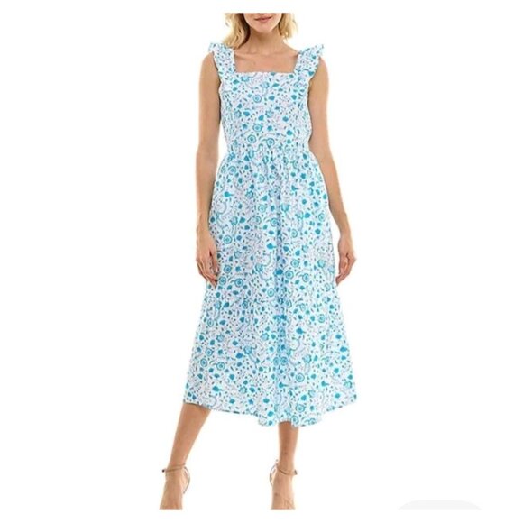 Draper James Flutter Strap Square Neck Sun Dress Blue Paisley Large Cotton Midi - Picture 1 of 10